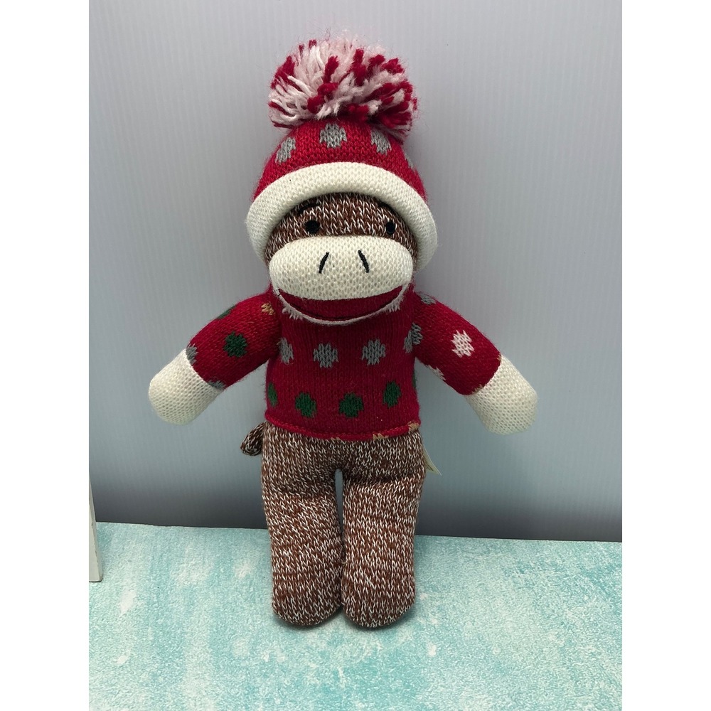 Sock Monkey Plush Doll Toy Red Sweater Hat Stuffed Animal Gift Present